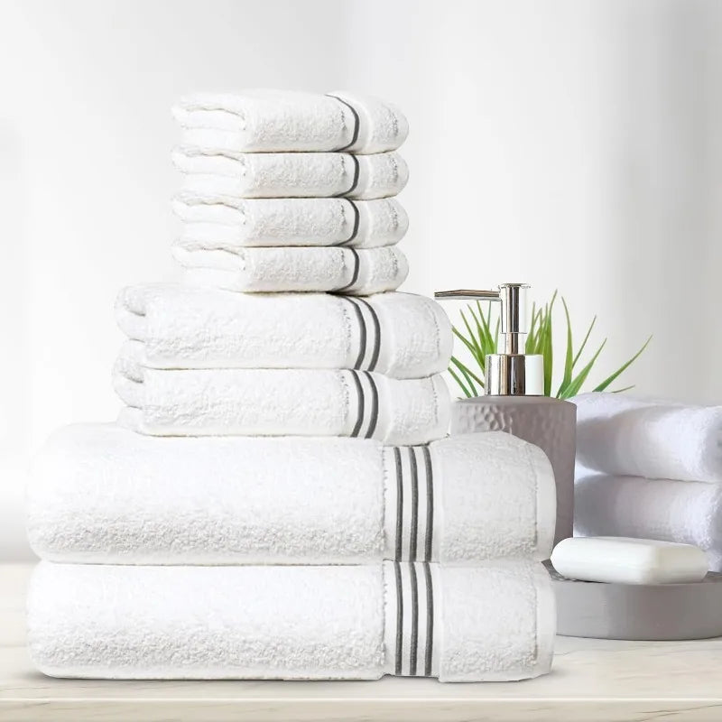 8-Piece Premium Towel Set, 2 Bath Towels, 2 Hand Towels, and 4 Wash Cloths, 100% Ring Spun Cotton Highly Absorbent Towels