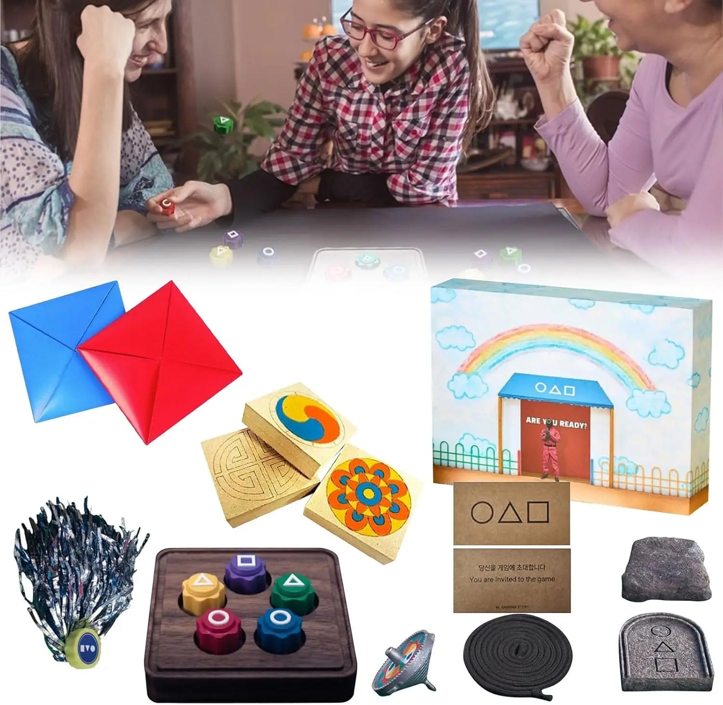 Korean Folk Game Set Square Circle Triangle Printed 5 Dice Set Gong-gi Calamari Game Korean Stone Catching Toys Party Props