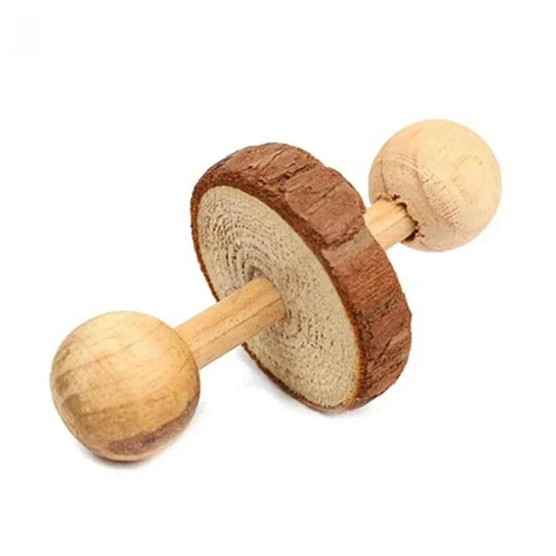 Mini Rabbit Roller Toys Natural Wooden Pine Dumbells Unicycle Bell Chew Toys for Guinea Pigs Rat Small Pets Molars Accessories