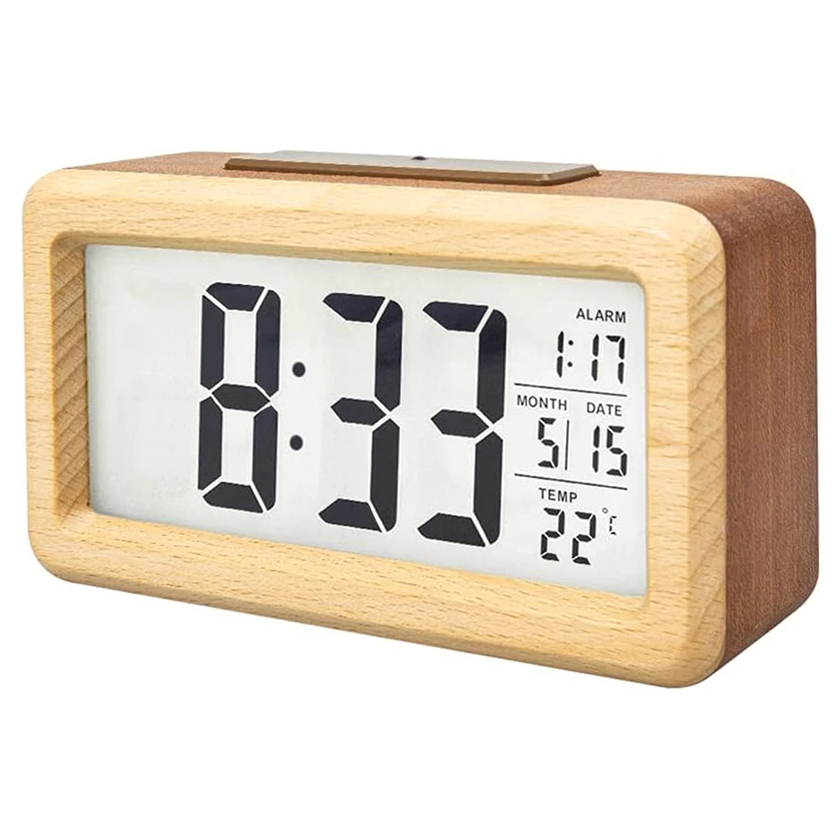 Wooden Alarm Clock with Calendar and Temperature displayed. Solid Wood Digital Clock for Desktop Decoration. Gift Idea