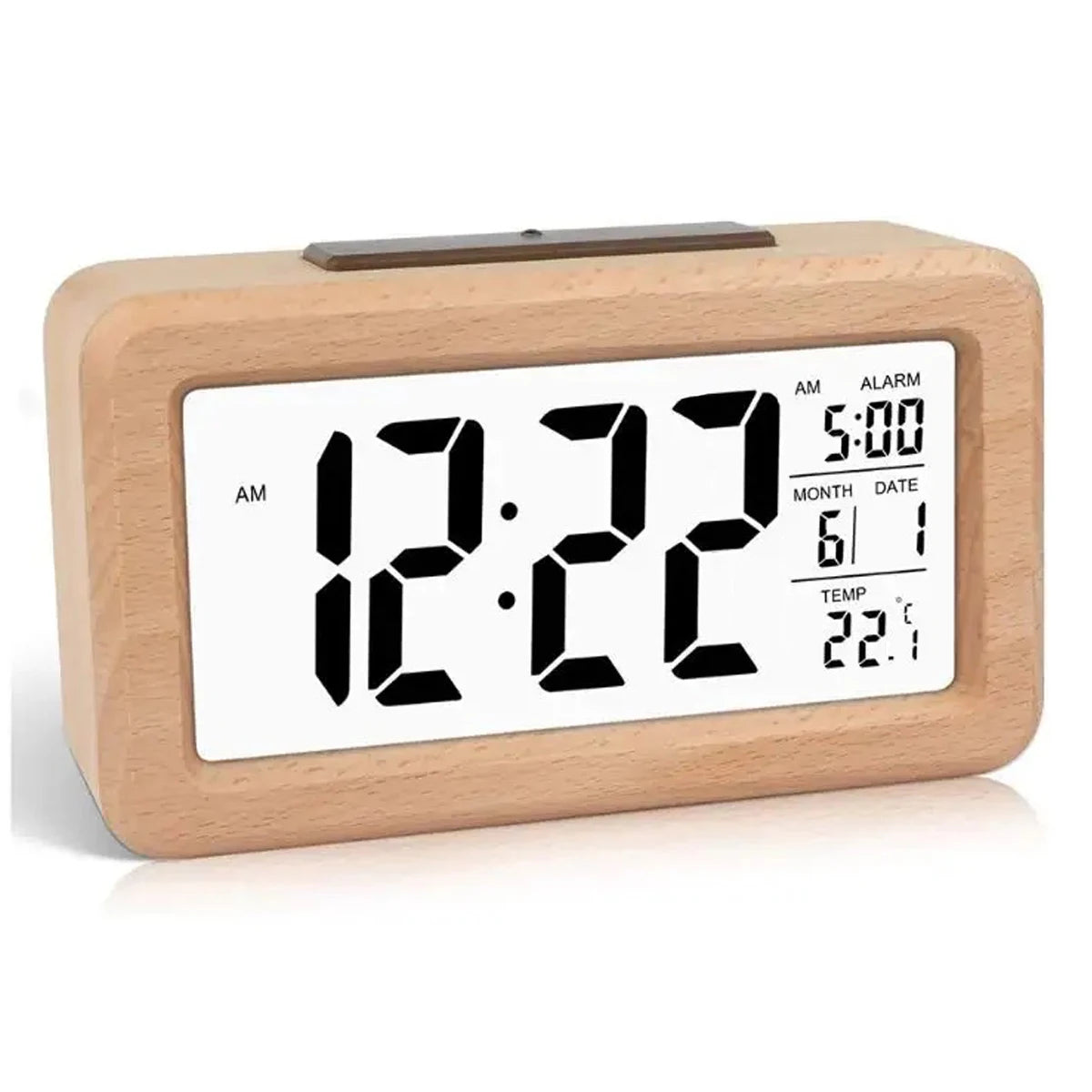 Wooden Alarm Clock with Calendar and Temperature displayed. Solid Wood Digital Clock for Desktop Decoration. Gift Idea
