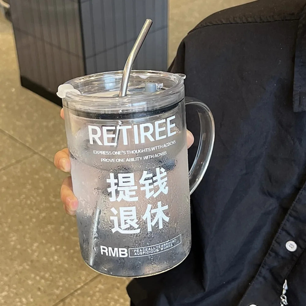 INS Style Straw Glass Cup with Handle with Lid Scale Water Cup Glass 1000ml Large Capacity Juice Milk Bottle Home Office