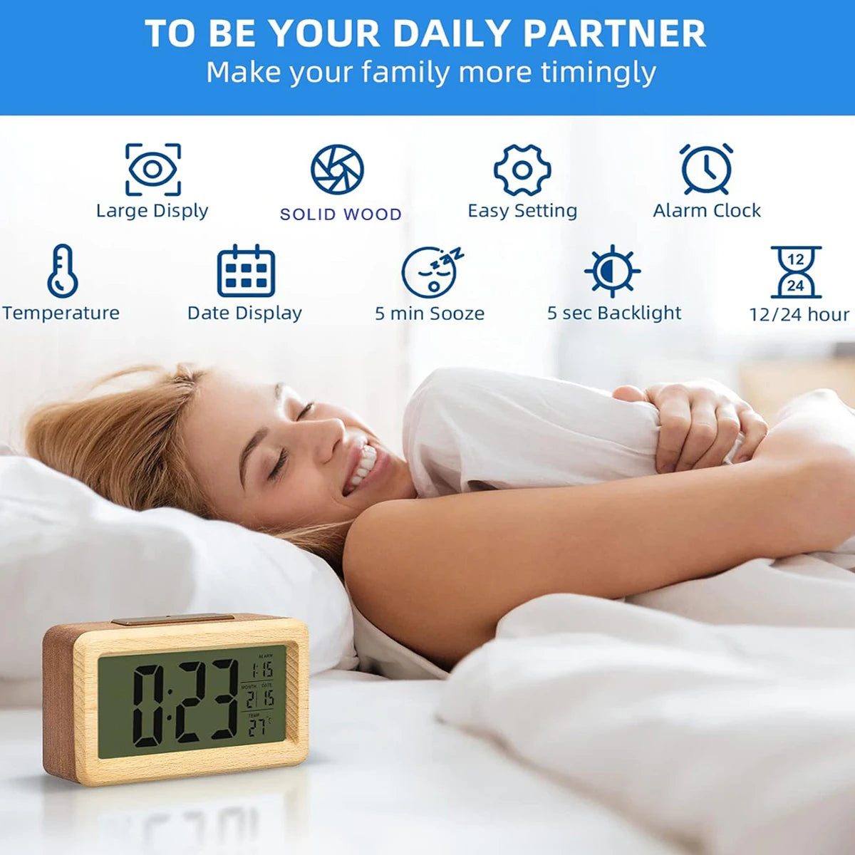 Wooden Alarm Clock with Calendar and Temperature displayed. Solid Wood Digital Clock for Desktop Decoration. Gift Idea