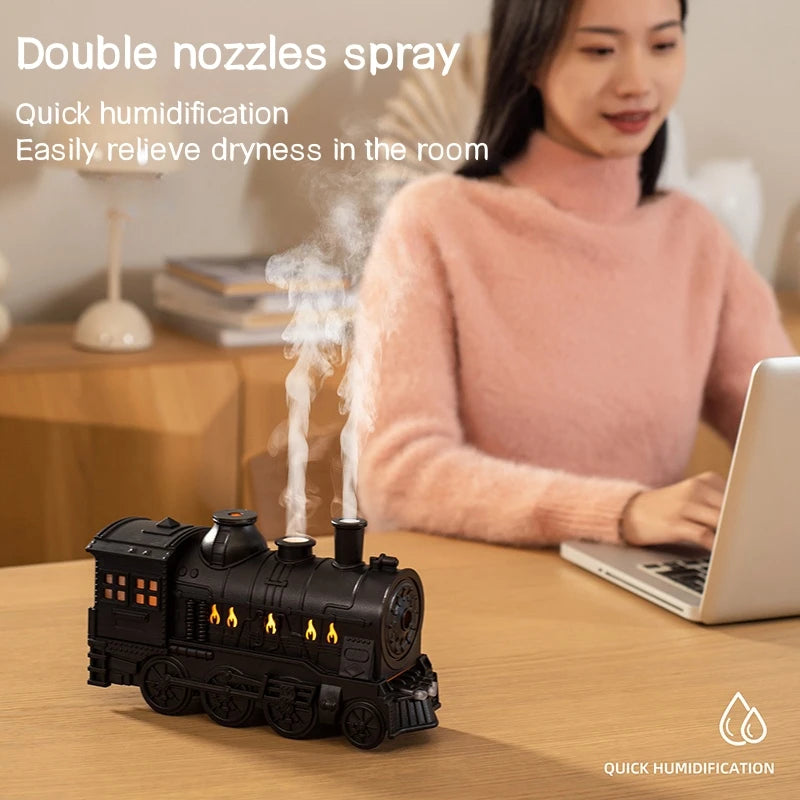 Train Shape Aromatherapy Diffuser Desktop Essential Oils Difusor Smoke Ring Double Spray Ultrasonic Air Humidifier with LED Lamp