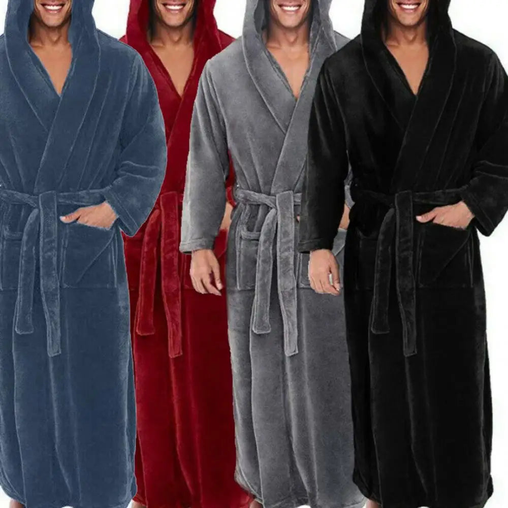 Loose Men Flannel Robe Winter Long Robe Home Gown Sleepwear Solid Color Pockets Winter Warm Casual Fleece Robe Lounge Nightgown