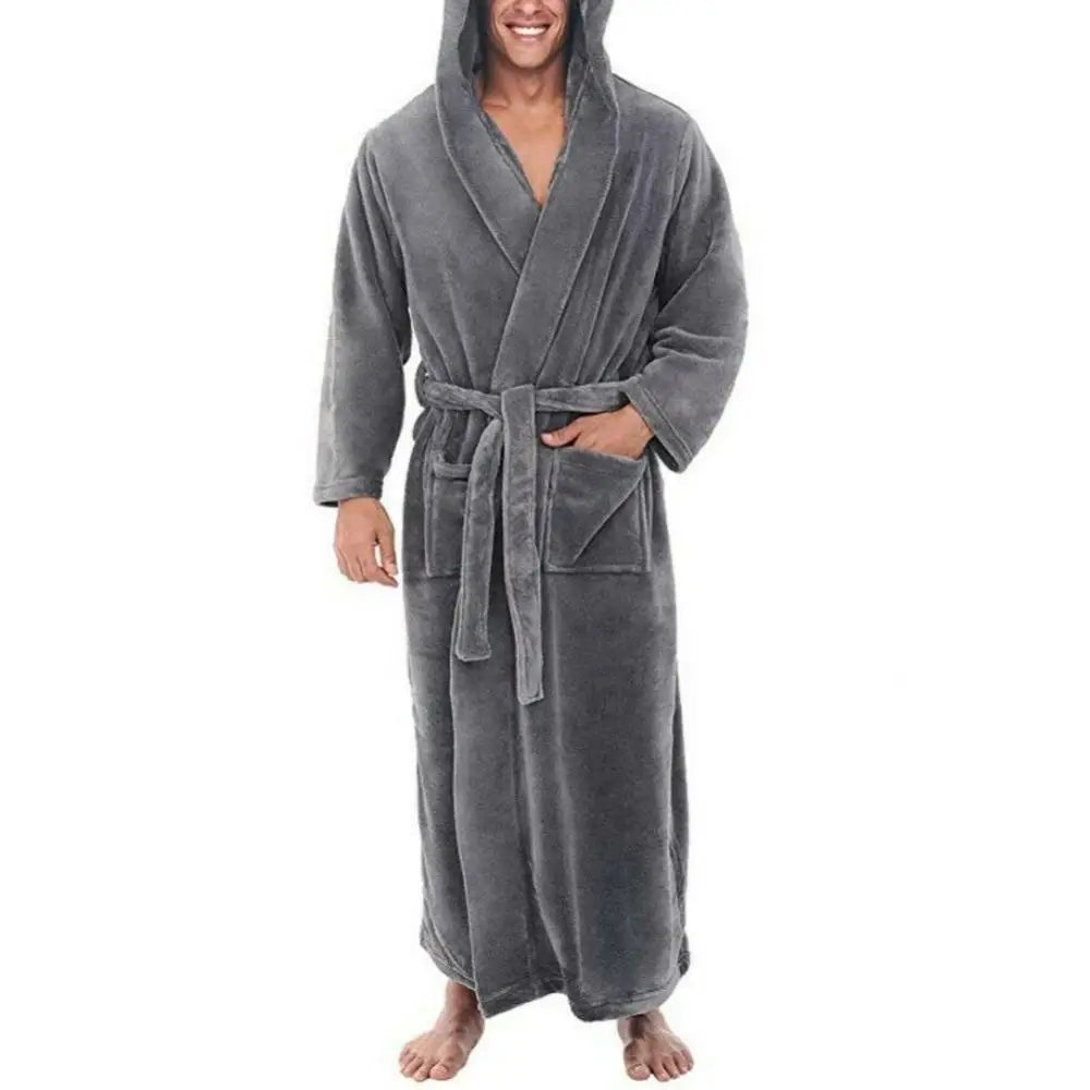 Loose Men Flannel Robe Winter Long Robe Home Gown Sleepwear Solid Color Pockets Winter Warm Casual Fleece Robe Lounge Nightgown