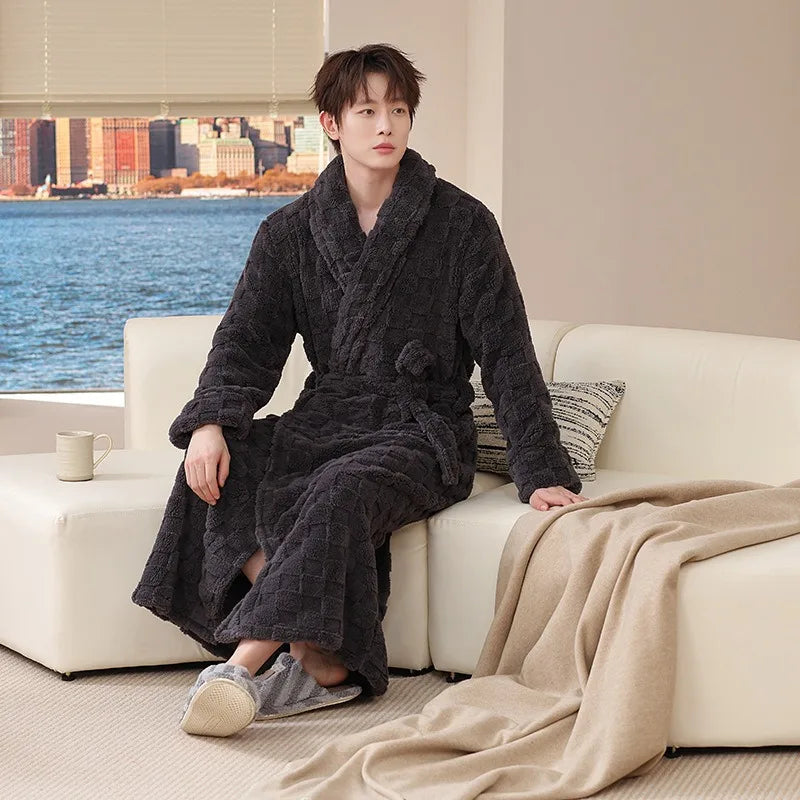 Fall Winter Adult Bathrobe Long Nightgown Winter Coral Velvet Pajamas Extended Thick Morning Gown Flannel Cosy Both Men Women