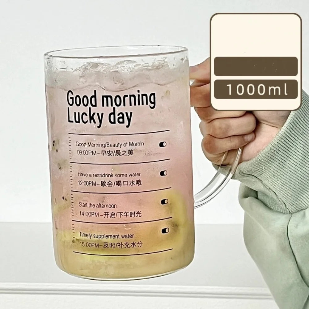 INS Style Straw Glass Cup with Handle with Lid Scale Water Cup Glass 1000ml Large Capacity Juice Milk Bottle Home Office