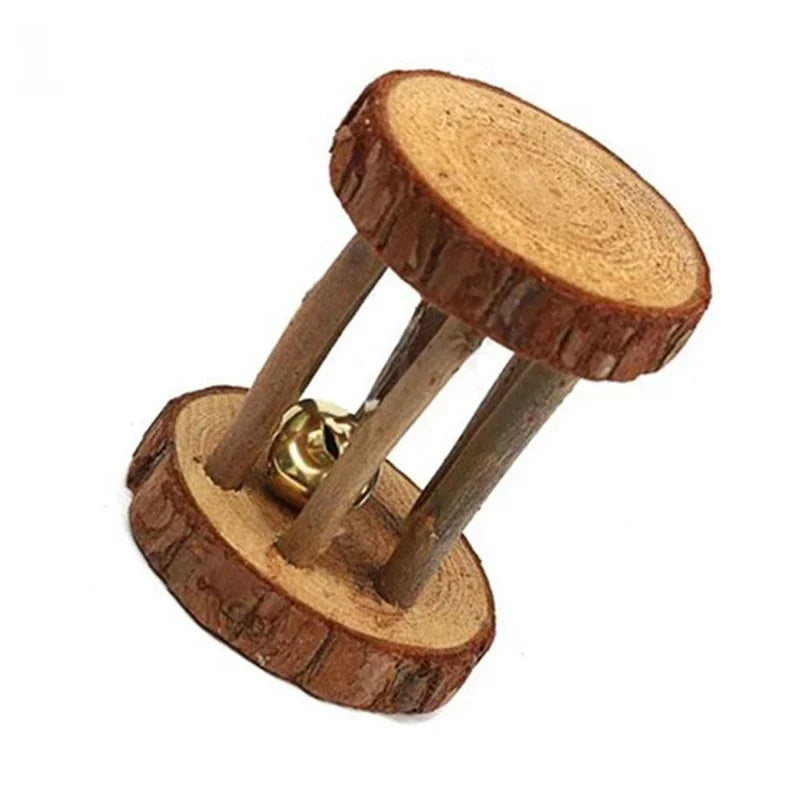 Mini Rabbit Roller Toys Natural Wooden Pine Dumbells Unicycle Bell Chew Toys for Guinea Pigs Rat Small Pets Molars Accessories