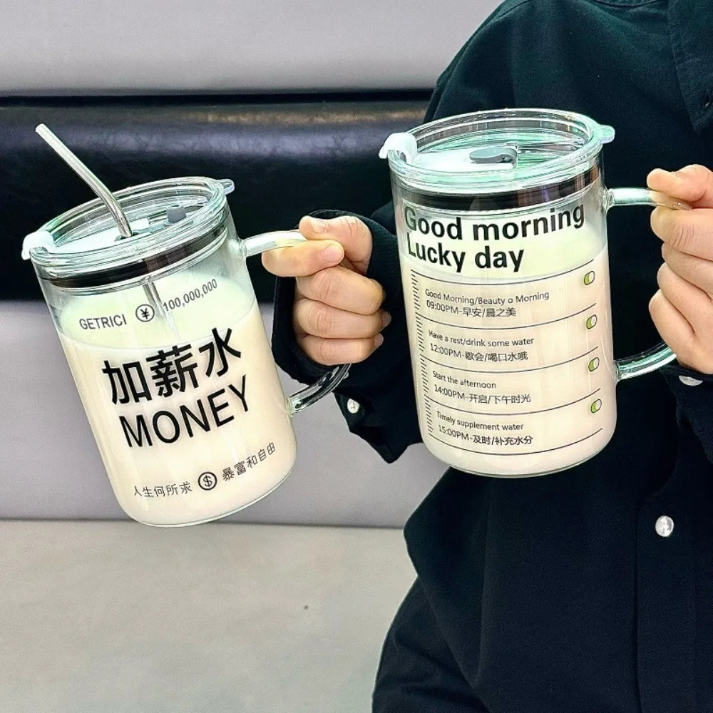 INS Style Straw Glass Cup with Handle with Lid Scale Water Cup Glass 1000ml Large Capacity Juice Milk Bottle Home Office
