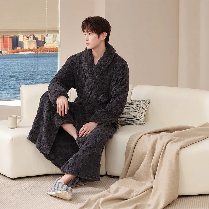 Fall Winter Adult Bathrobe Long Nightgown Winter Coral Velvet Pajamas Extended Thick Morning Gown Flannel Cosy Both Men Women