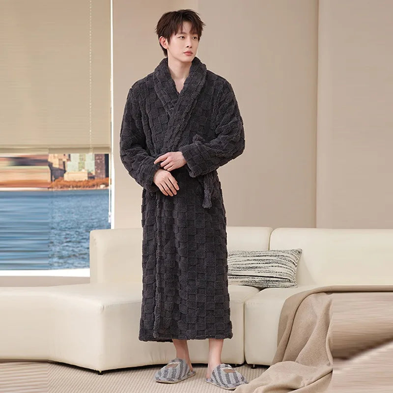 Fall Winter Adult Bathrobe Long Nightgown Winter Coral Velvet Pajamas Extended Thick Morning Gown Flannel Cosy Both Men Women
