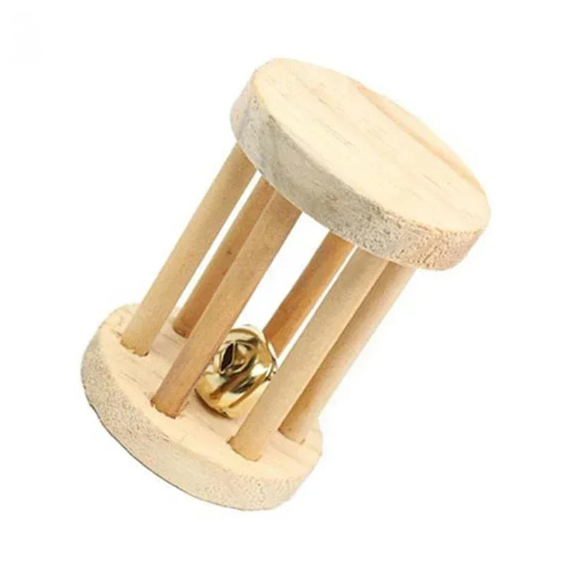 Mini Rabbit Roller Toys Natural Wooden Pine Dumbells Unicycle Bell Chew Toys for Guinea Pigs Rat Small Pets Molars Accessories