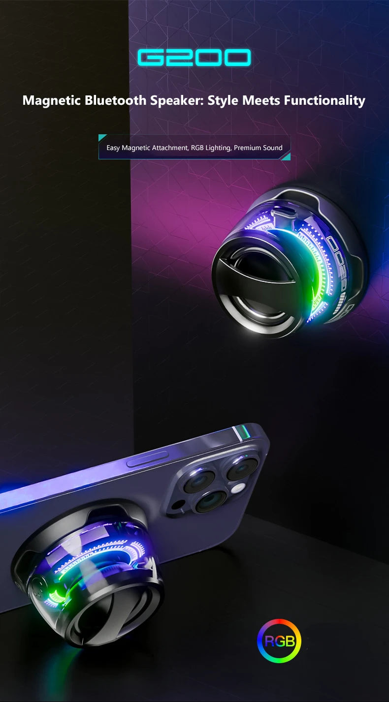 Portable Magnetic Bluetooth Speaker with RGB Lighting, BT5.0, True Wireless Stereo Sound, Mini Design & Phone Holder - G200