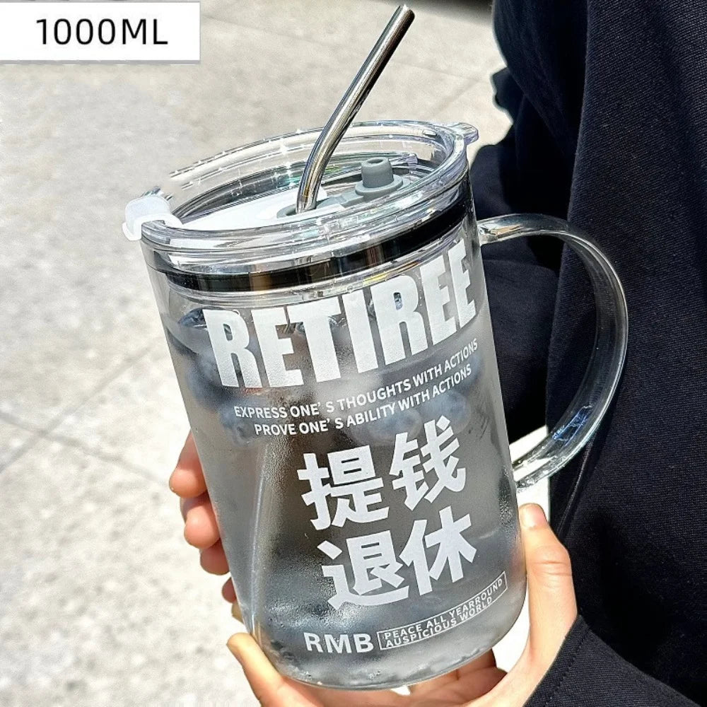 INS Style Straw Glass Cup with Handle with Lid Scale Water Cup Glass 1000ml Large Capacity Juice Milk Bottle Home Office