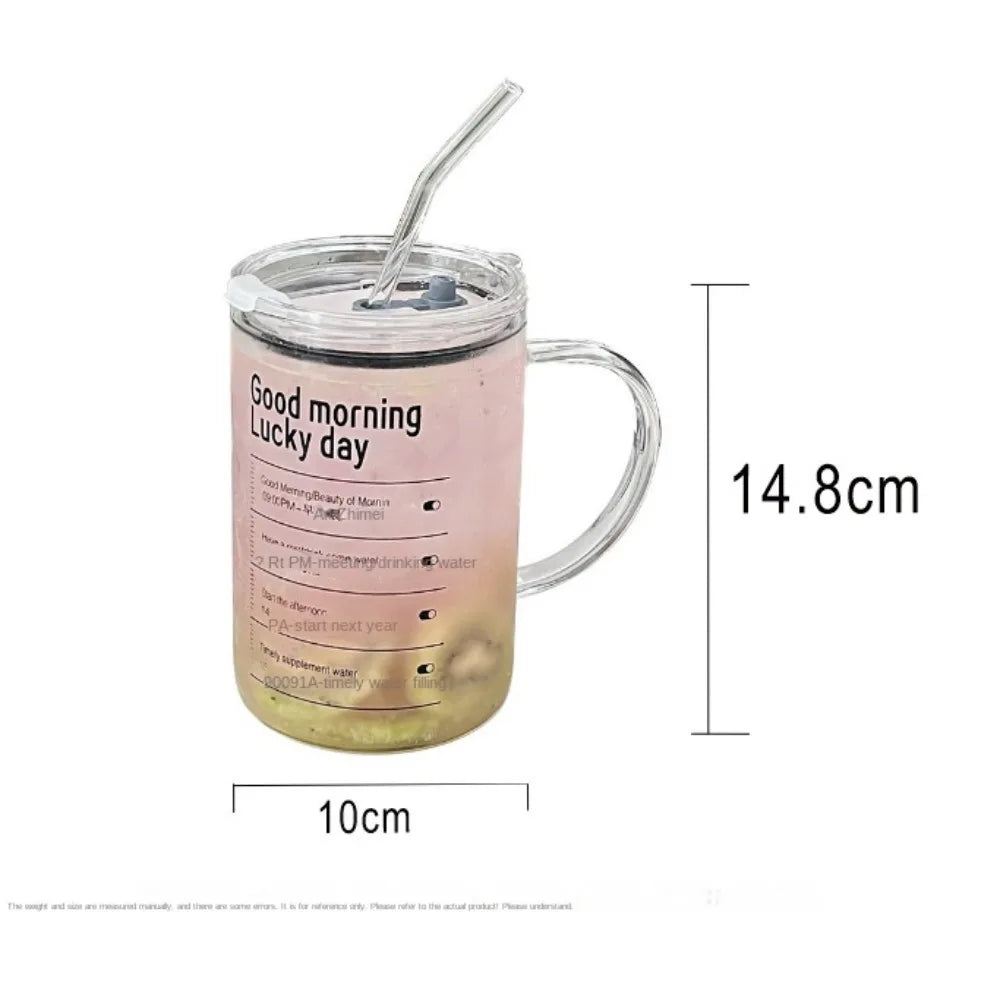 INS Style Straw Glass Cup with Handle with Lid Scale Water Cup Glass 1000ml Large Capacity Juice Milk Bottle Home Office