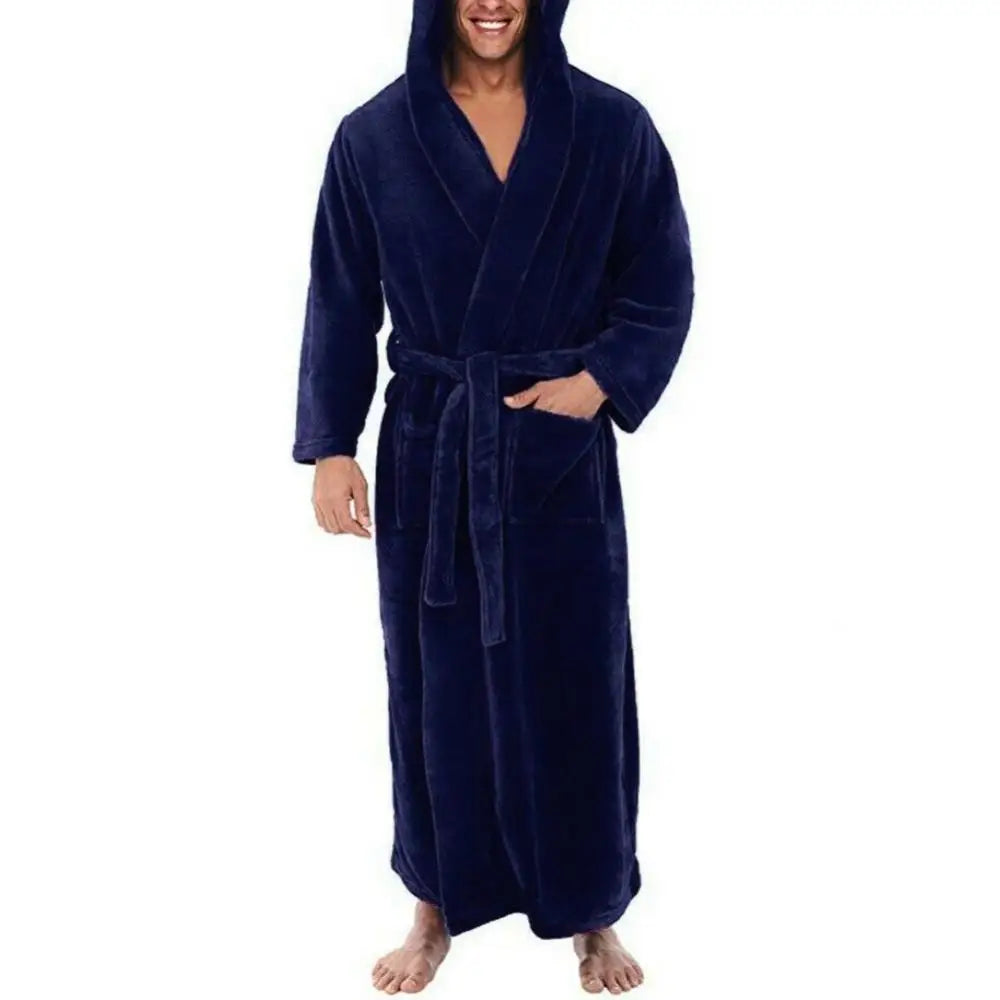 Loose Men Flannel Robe Winter Long Robe Home Gown Sleepwear Solid Color Pockets Winter Warm Casual Fleece Robe Lounge Nightgown