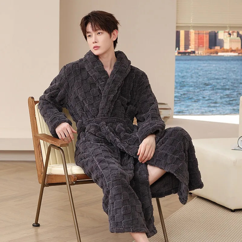 Fall Winter Adult Bathrobe Long Nightgown Winter Coral Velvet Pajamas Extended Thick Morning Gown Flannel Cosy Both Men Women