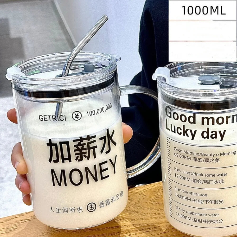 INS Style Straw Glass Cup with Handle with Lid Scale Water Cup Glass 1000ml Large Capacity Juice Milk Bottle Home Office