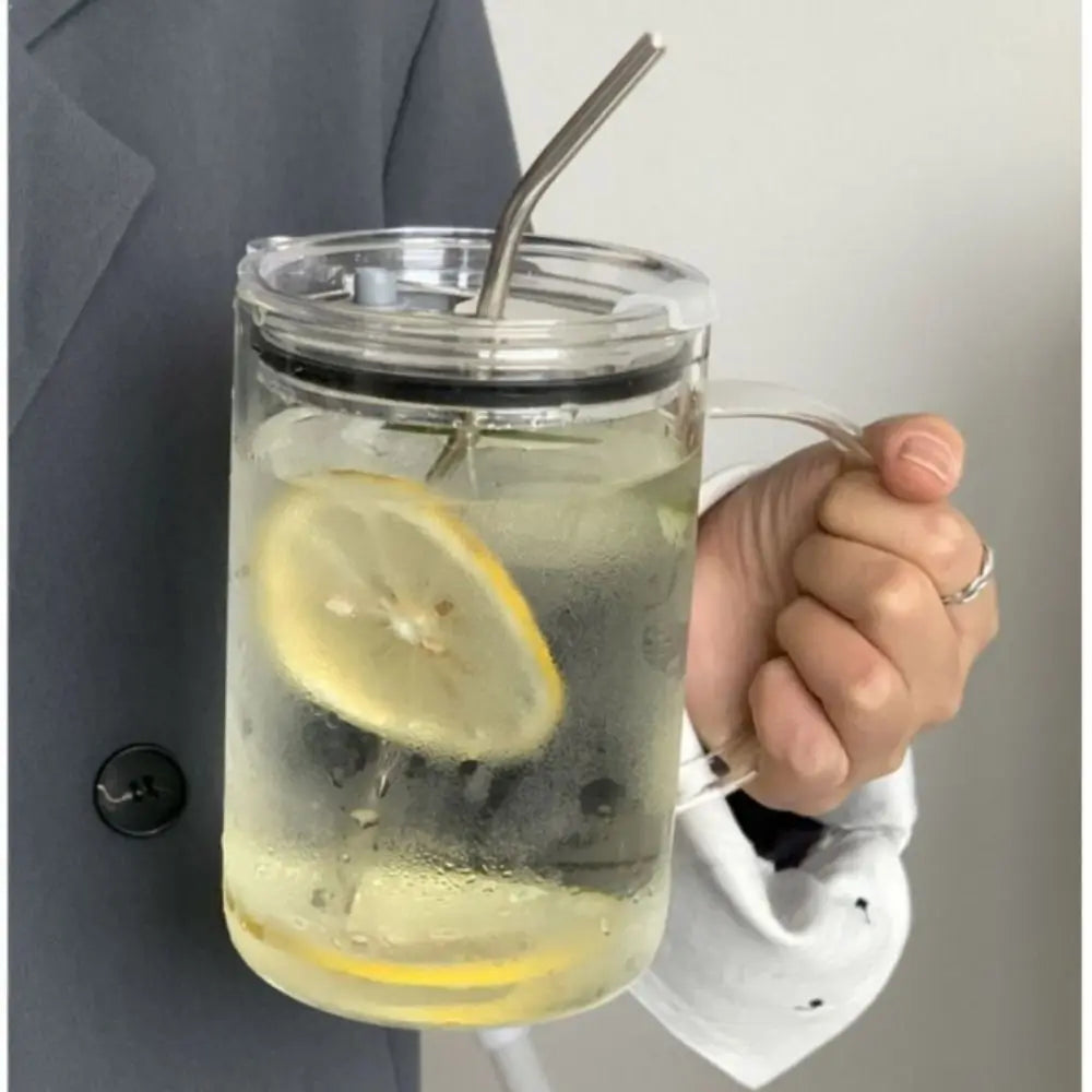 INS Style Straw Glass Cup with Handle with Lid Scale Water Cup Glass 1000ml Large Capacity Juice Milk Bottle Home Office