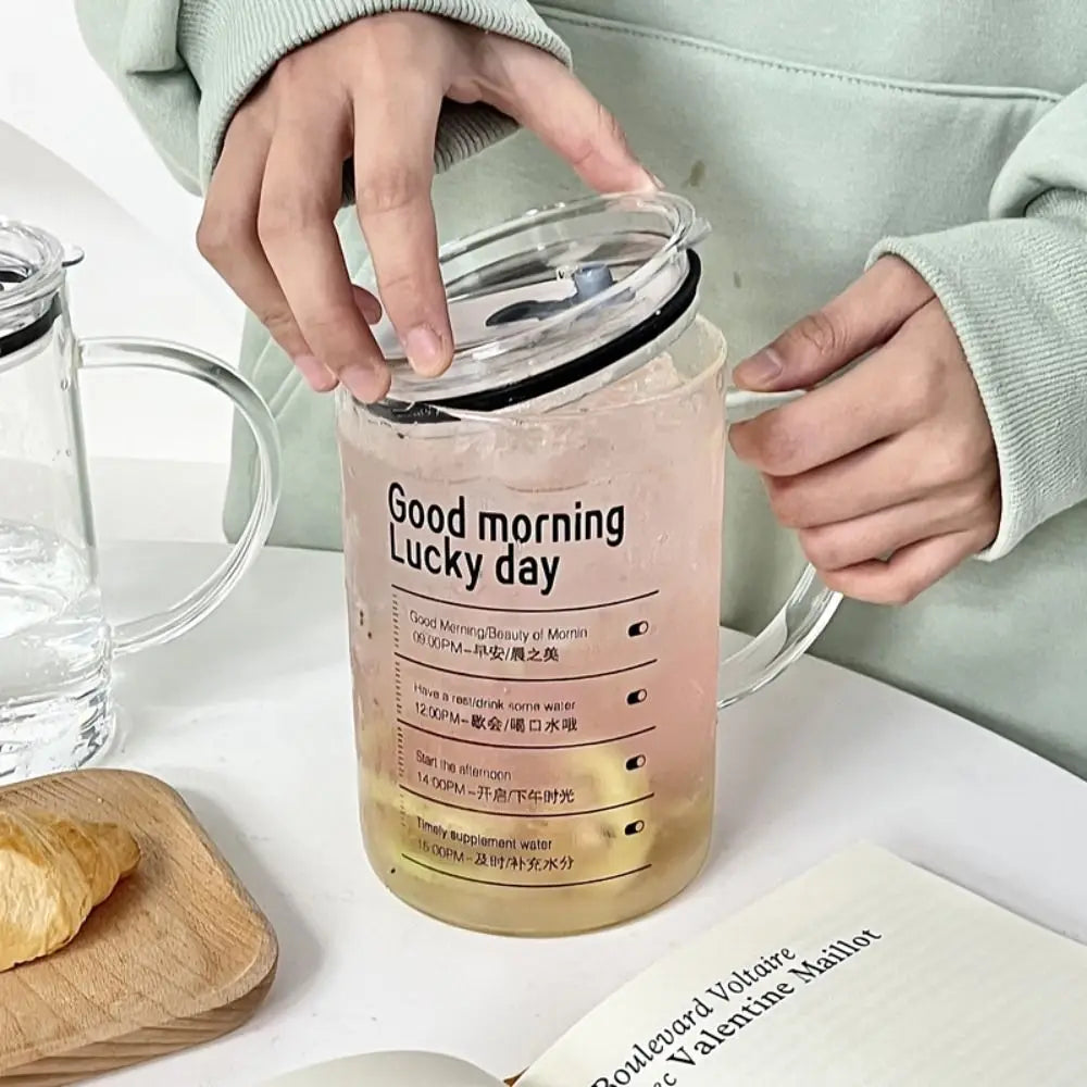 INS Style Straw Glass Cup with Handle with Lid Scale Water Cup Glass 1000ml Large Capacity Juice Milk Bottle Home Office