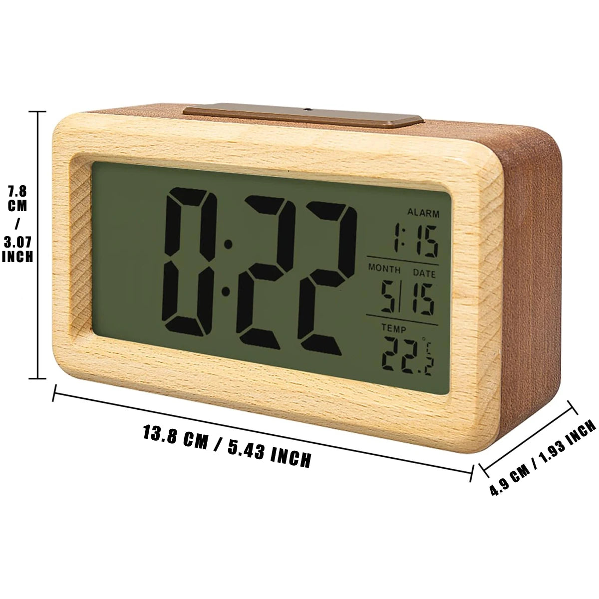 Wooden Alarm Clock with Calendar and Temperature displayed. Solid Wood Digital Clock for Desktop Decoration. Gift Idea