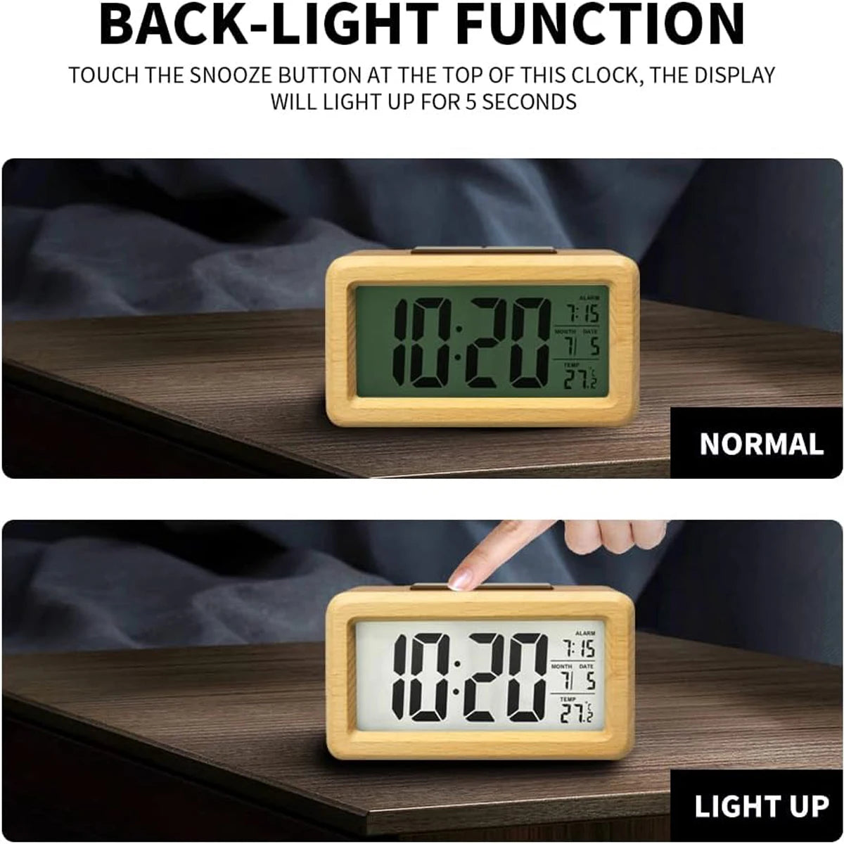 Wooden Alarm Clock with Calendar and Temperature displayed. Solid Wood Digital Clock for Desktop Decoration. Gift Idea