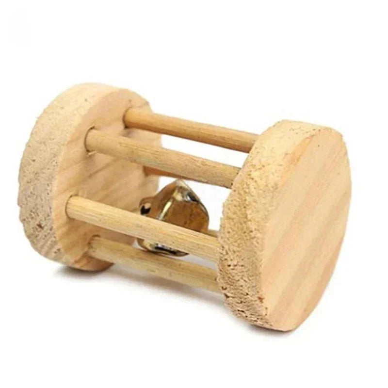 Mini Rabbit Roller Toys Natural Wooden Pine Dumbells Unicycle Bell Chew Toys for Guinea Pigs Rat Small Pets Molars Accessories