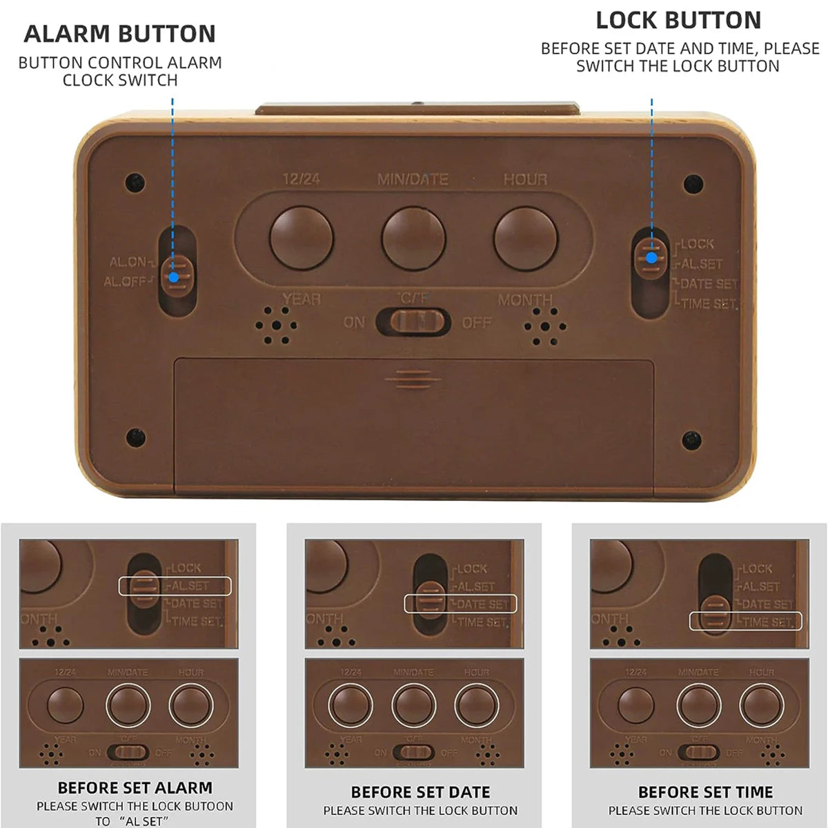 Wooden Alarm Clock with Calendar and Temperature displayed. Solid Wood Digital Clock for Desktop Decoration. Gift Idea