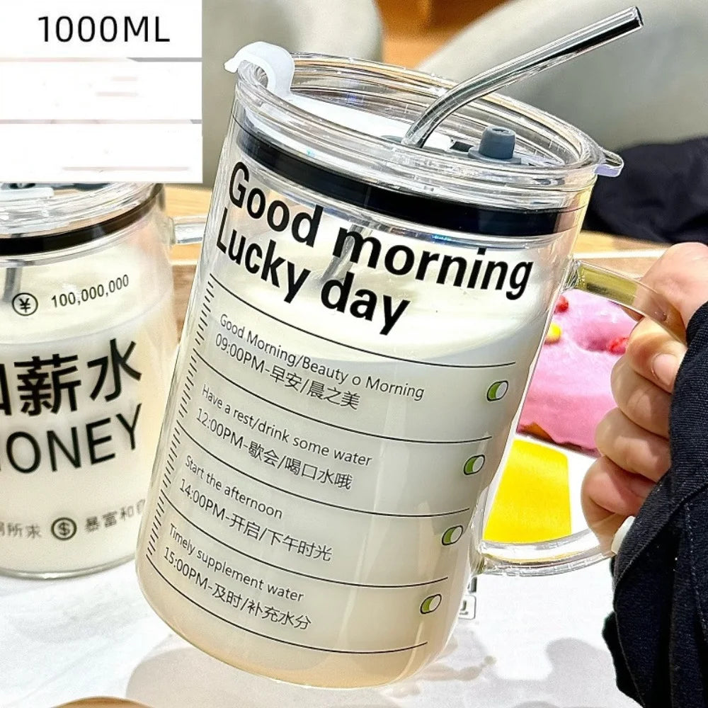 INS Style Straw Glass Cup with Handle with Lid Scale Water Cup Glass 1000ml Large Capacity Juice Milk Bottle Home Office