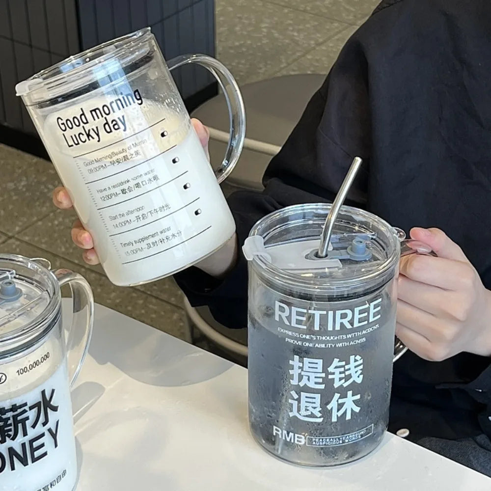 INS Style Straw Glass Cup with Handle with Lid Scale Water Cup Glass 1000ml Large Capacity Juice Milk Bottle Home Office