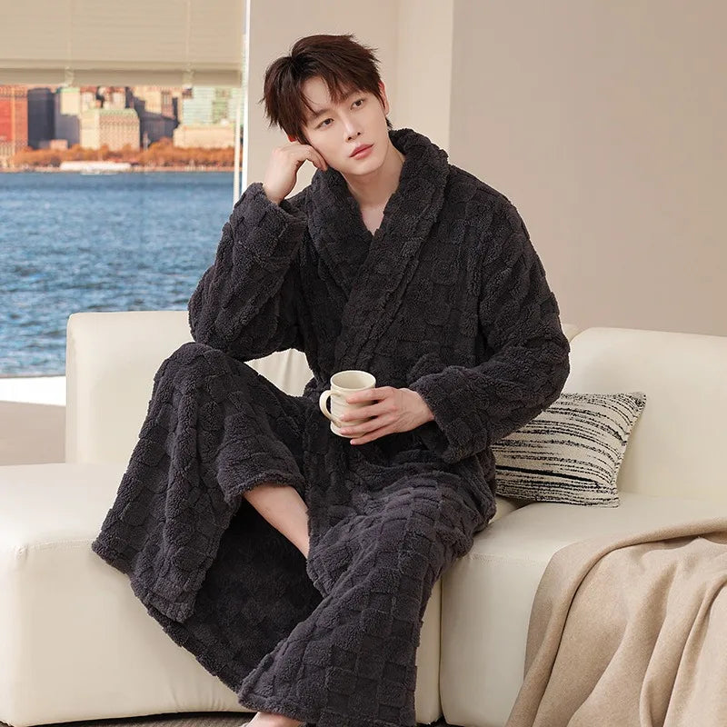 Fall Winter Adult Bathrobe Long Nightgown Winter Coral Velvet Pajamas Extended Thick Morning Gown Flannel Cosy Both Men Women