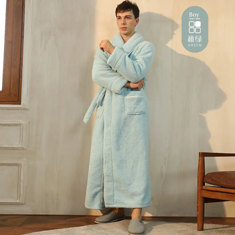 Men's Winter Bathrobe Long Sleeve Warm Turn Down Collar Man Fluffy Bath Robe With Sashes Solid Fleece Dressing Gown For Male