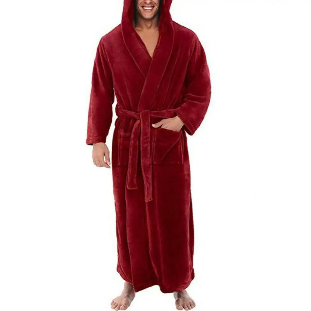 Loose Men Flannel Robe Winter Long Robe Home Gown Sleepwear Solid Color Pockets Winter Warm Casual Fleece Robe Lounge Nightgown