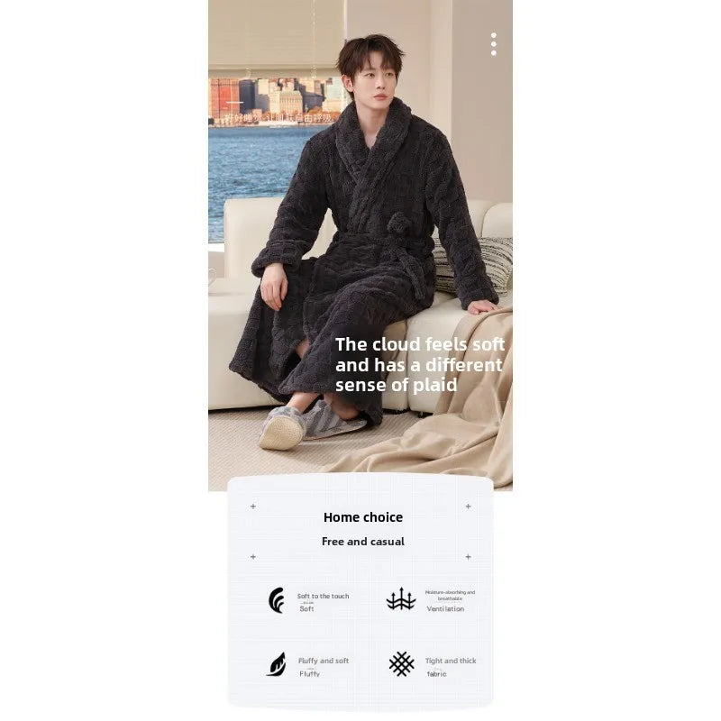 Fall Winter Adult Bathrobe Long Nightgown Winter Coral Velvet Pajamas Extended Thick Morning Gown Flannel Cosy Both Men Women