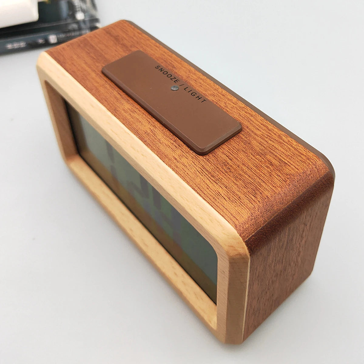 Wooden Alarm Clock with Calendar and Temperature displayed. Solid Wood Digital Clock for Desktop Decoration. Gift Idea