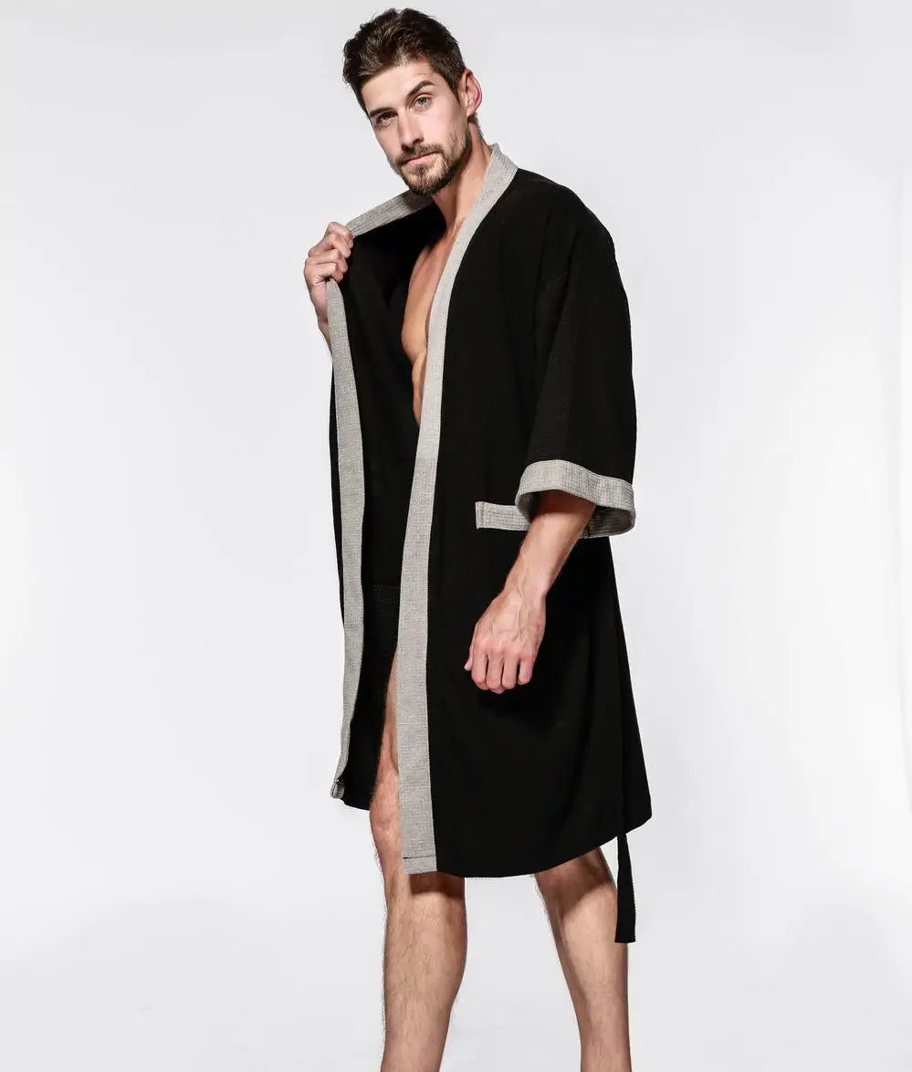 Cotton Waffle Men Kimono Bathrobe Gown Sleepwear Couple Black Robe Nightwear Loose Casual Sauna Yukata Spring Summer Home Wear