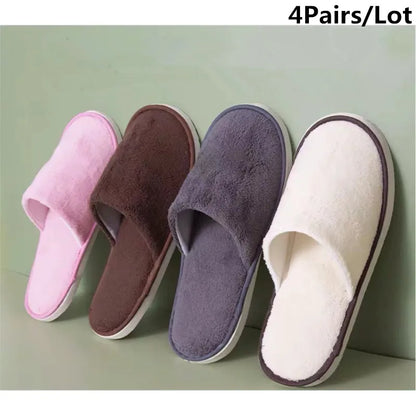 4 Pairs/Lot Mix Colors Coral fleece Men Women Cheap Disposable Hotel Slippers Cotton Slides Home Travel SPA Slipper Hospitality