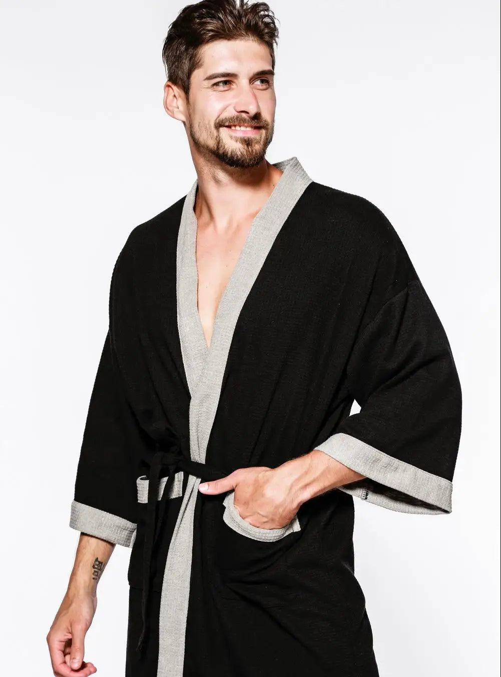 Cotton Waffle Men Kimono Bathrobe Gown Sleepwear Couple Black Robe Nightwear Loose Casual Sauna Yukata Spring Summer Home Wear