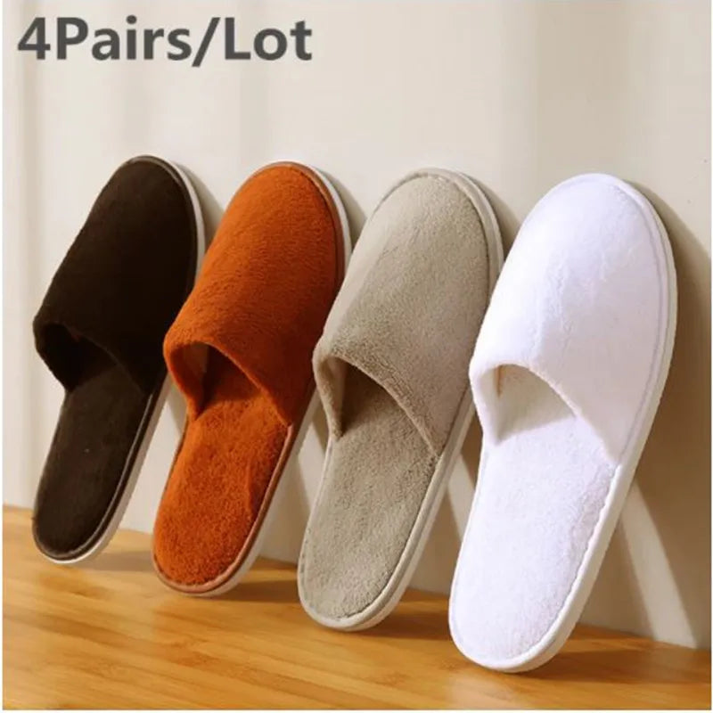 4 Pairs/Lot Mix Colors Coral fleece Men Women Cheap Disposable Hotel Slippers Cotton Slides Home Travel SPA Slipper Hospitality