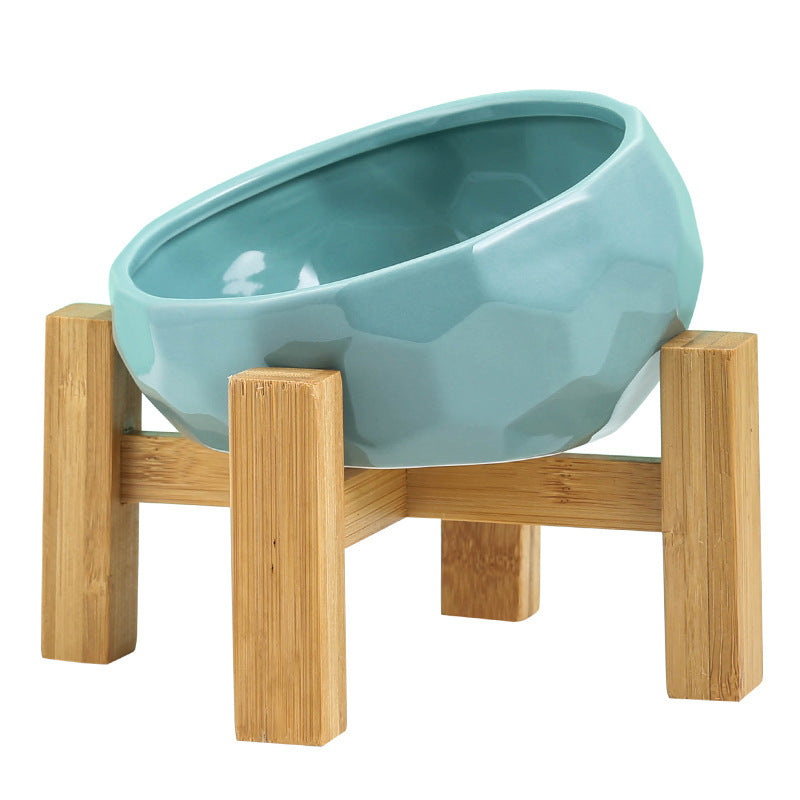 Cat Bowl Ceramic Oblique High Leg Wooden Frame Cat Food Holder Protection Cervical Spine Cat and Dog Water Bowl Food Bowl Dog Bowl Pet Bowl