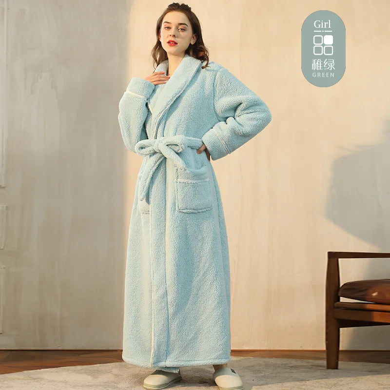 Men's Winter Bathrobe Long Sleeve Warm Turn Down Collar Man Fluffy Bath Robe With Sashes Solid Fleece Dressing Gown For Male