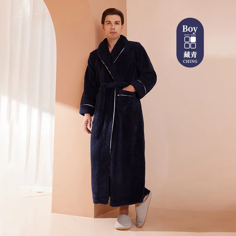 Men's Winter Bathrobe Long Sleeve Warm Turn Down Collar Man Fluffy Bath Robe With Sashes Solid Fleece Dressing Gown For Male