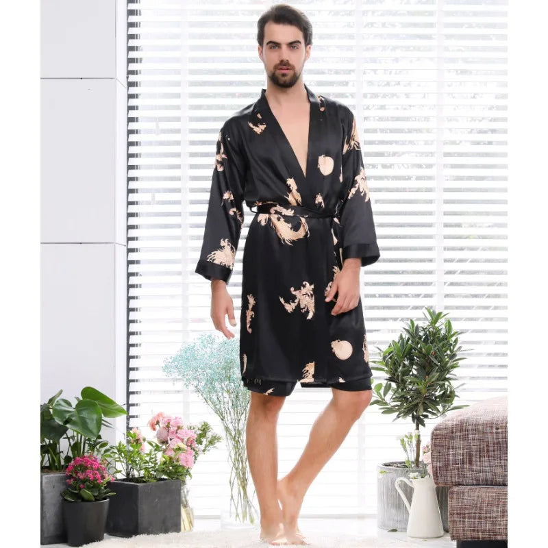 Bathrobe Men Shower Imitation Silk Black Dragon Robe Cardigan Long Nightgown Men Kimono Yukata Sleeping Gown Sexy Bed Room