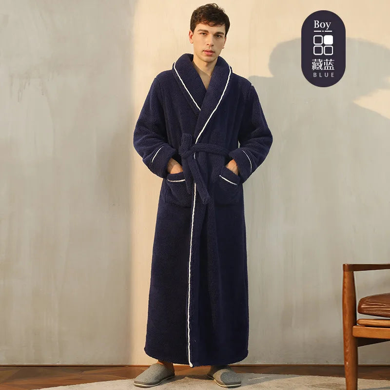 Men's Winter Bathrobe Long Sleeve Warm Turn Down Collar Man Fluffy Bath Robe With Sashes Solid Fleece Dressing Gown For Male