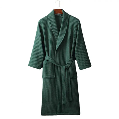 Long Waffle Bathrobe Unisex Men's V Neck Lace-up Nightgown with Pockets Loose Long Sleeve Sleepwear Towel Bathrobe for Hotel