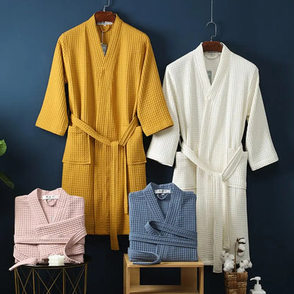 Long Waffle Bathrobe Unisex Men's V Neck Lace-up Nightgown with Pockets Loose Long Sleeve Sleepwear Towel Bathrobe for Hotel