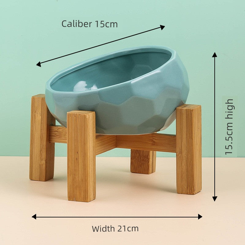 Cat Bowl Ceramic Oblique High Leg Wooden Frame Cat Food Holder Protection Cervical Spine Cat and Dog Water Bowl Food Bowl Dog Bowl Pet Bowl