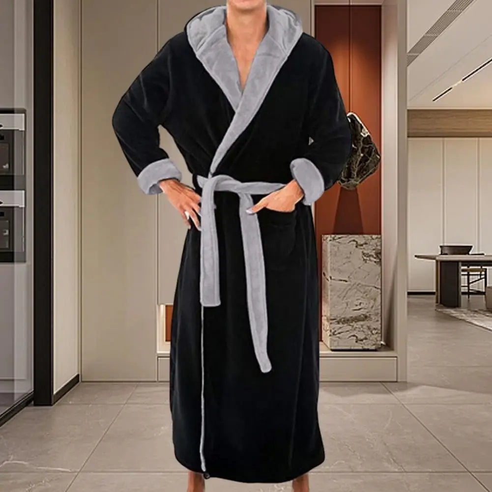 Cozy Bathrobe Luxurious Men's Hooded Bathrobe with Adjustable Belt Ultra Soft Absorbent Male Robe with Pockets Plush Solid Color