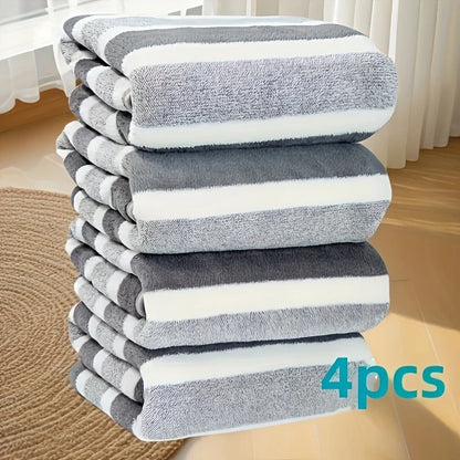 4pcs Coral Fleece Towel Set, Contemporary Striped, Super Soft, Quick-Dry, 13.7 x 29.5 Inches - Perfect for Bathroom